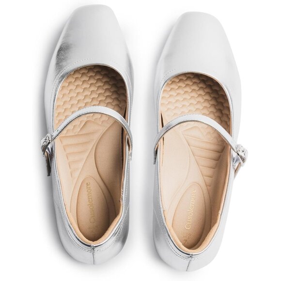 Women Silver Faux Leather Arch Support and Concealed Low Wedge Heel Ballet Flats - Picture 2 of 6